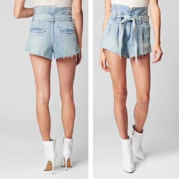BLANK NYC Caribbean Blue Raw Edge Hem Paperbag Self-Belt Denim Shorts Sz 28 - Picture 1 of 14